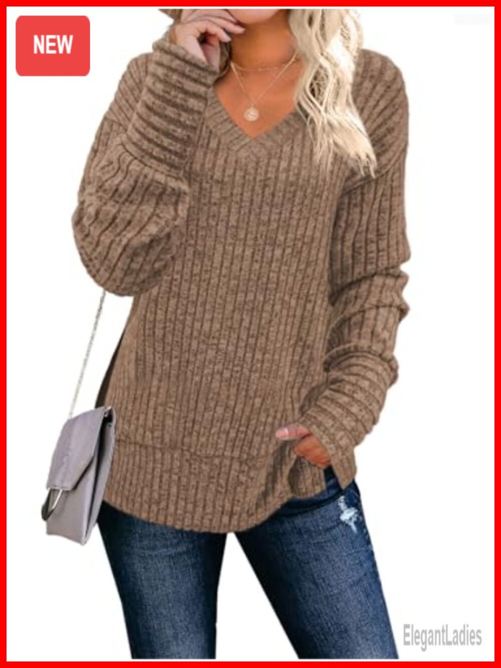 Womens V Neck Long Sleeve Sweater Loose Casual Pullover Top